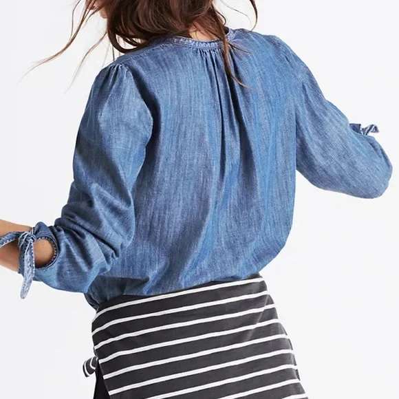 MADEWELL Denim Tie-Sleeve Button down Shirt size XS Soft Denim 100% Cotton - Picture 4 of 16